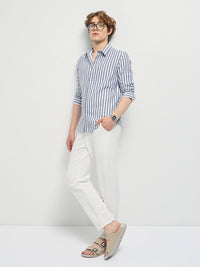 THE BEAR HOUSE Men Spread Collar Vertical Striped Cotton Casual Shirt