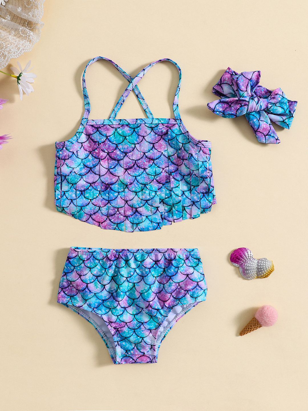YK Girls Printed Shoulder Strap Swim Bikini Set