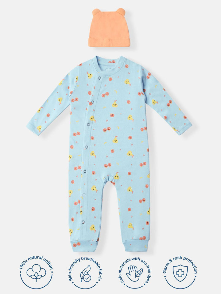 Nauti Nati Boys Interlock Cotton All-over Printed Sleepsuit With Beanie
