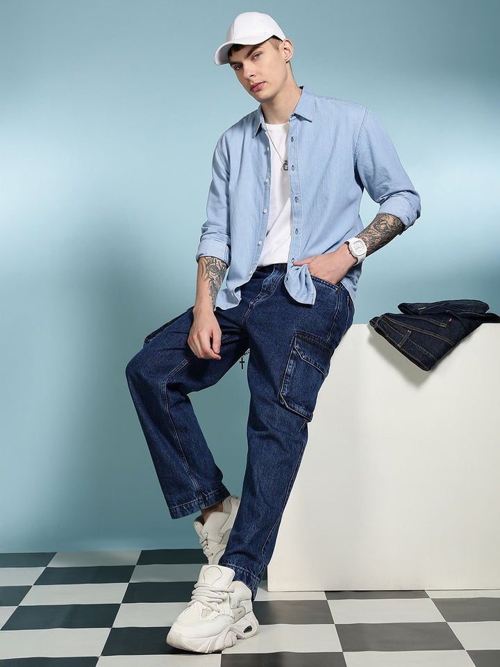 Eszett Graphic Printed Spread Collar Denim Long Sleeves Shirt