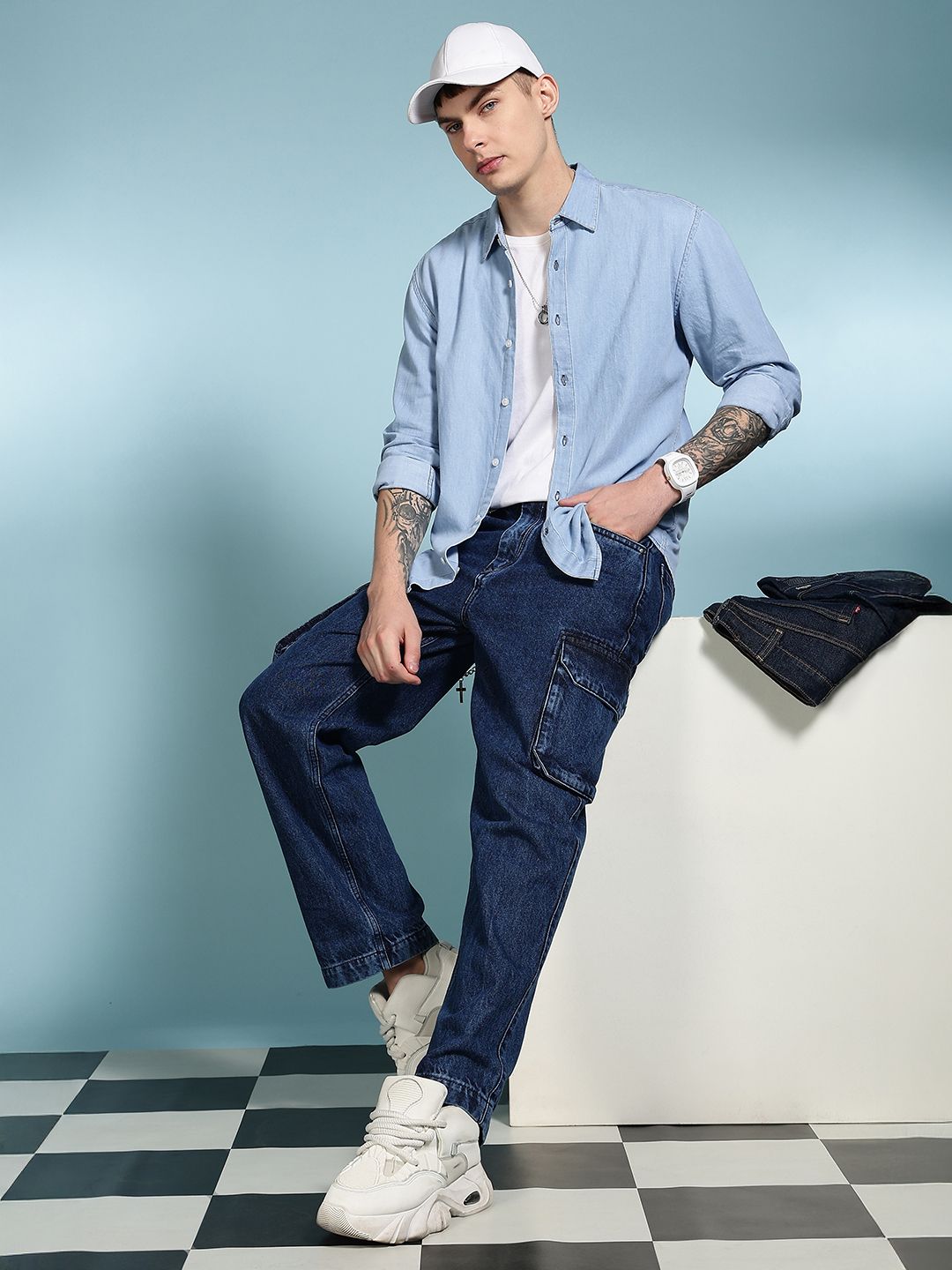 Eszett Graphic Printed Spread Collar Denim Long Sleeves Shirt