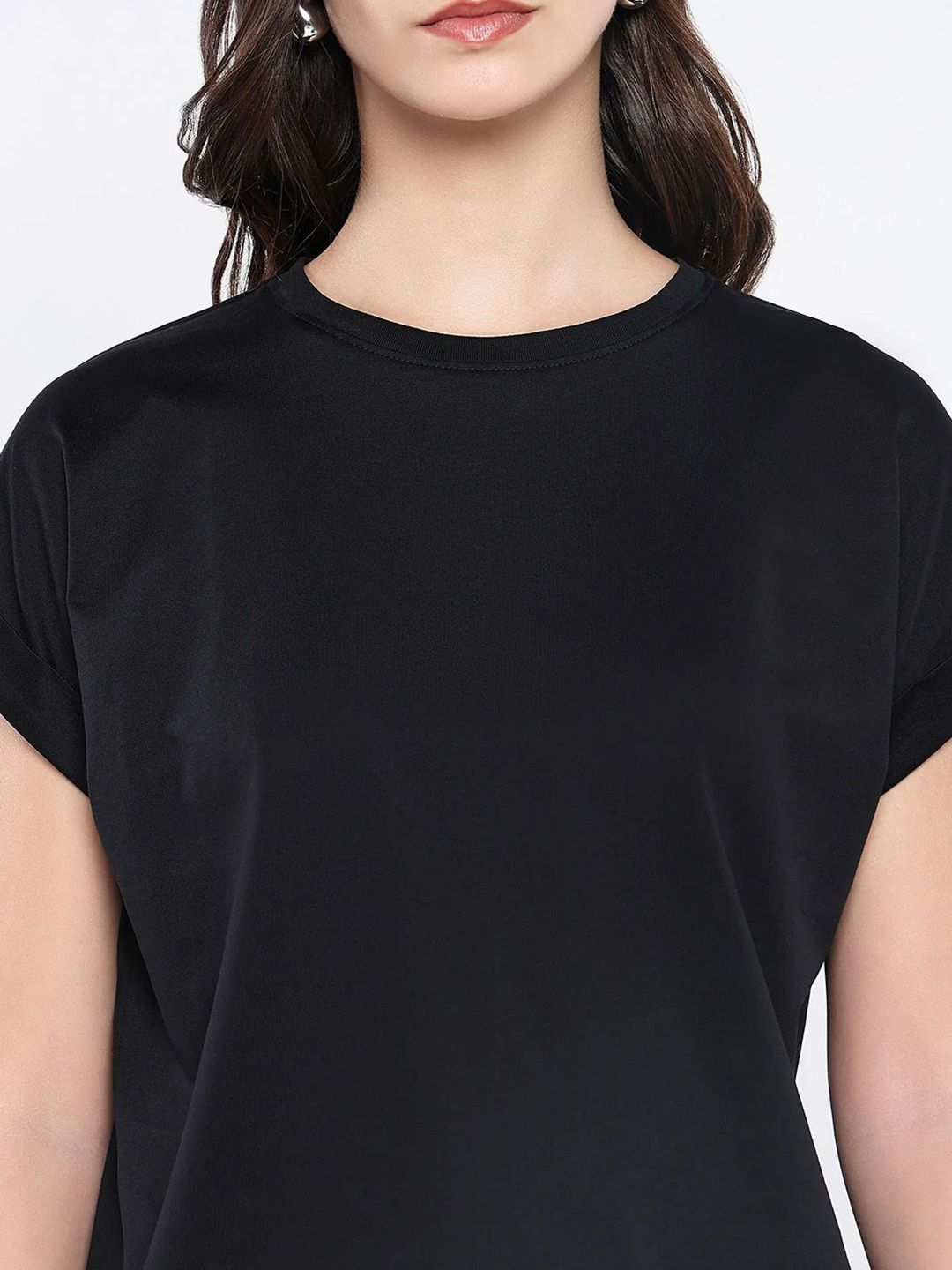 Rareism Wanita Pepejal Leher Kapas T-Shirt Santai