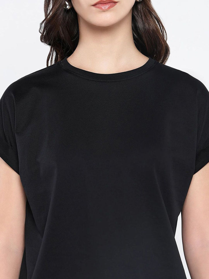 Rareism Wanita Pepejal Leher Kapas T-Shirt Santai