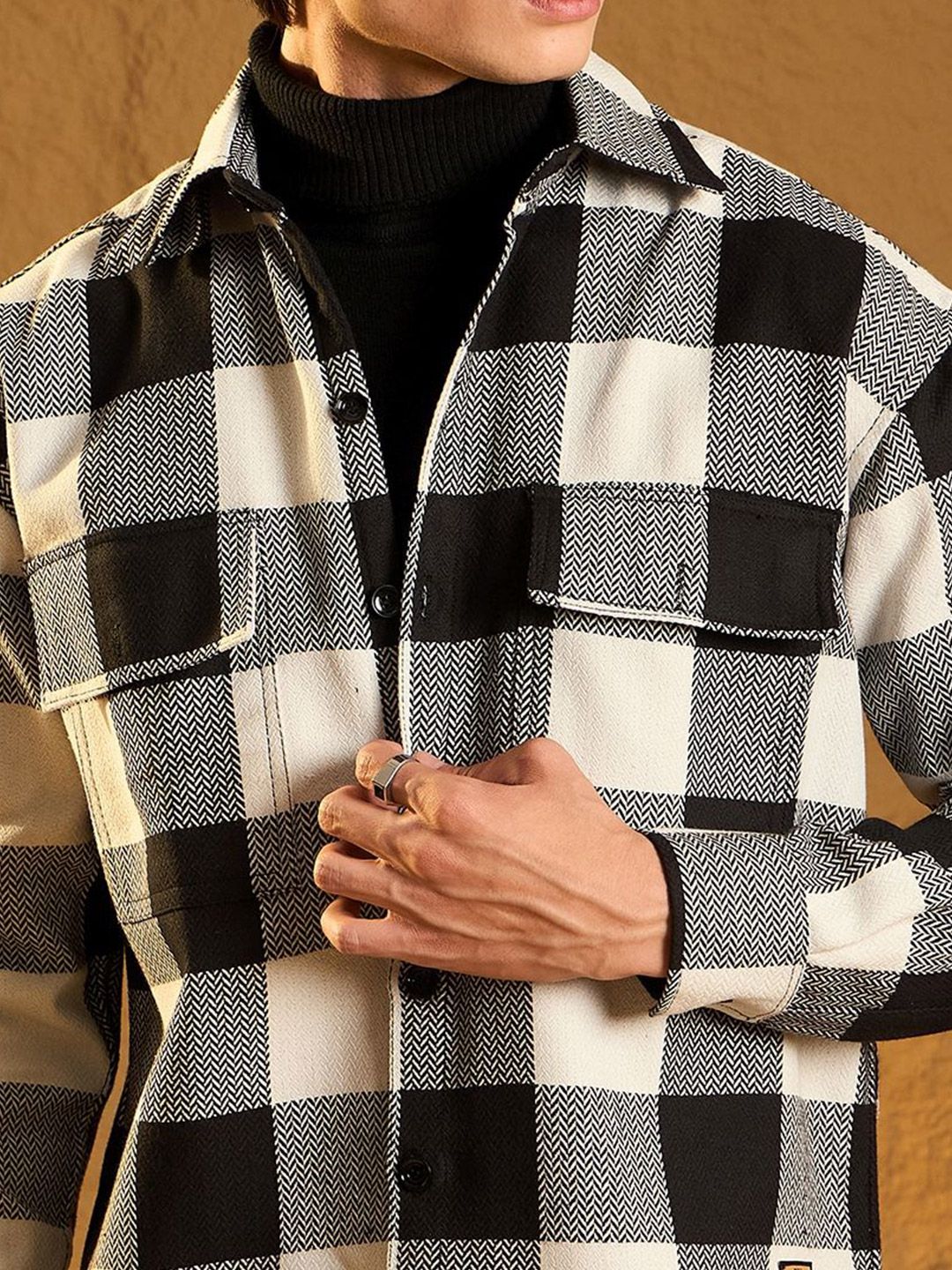 DENNISON Men Double Pocket Drop Shoulder Oversized Cotton Checked Shacket