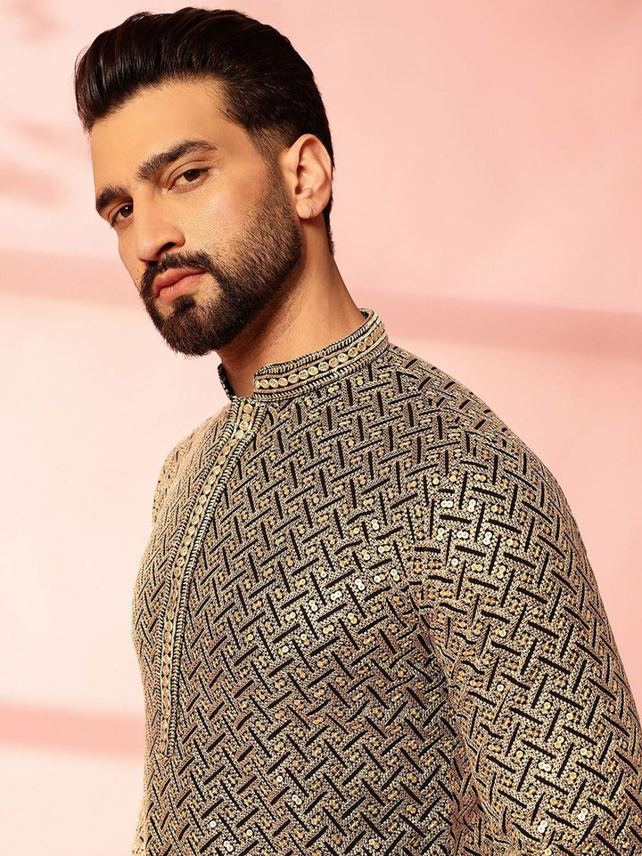 Anouk Geometric Embroidered Mandarin Collar Sequinned Cotton Straight Kurta