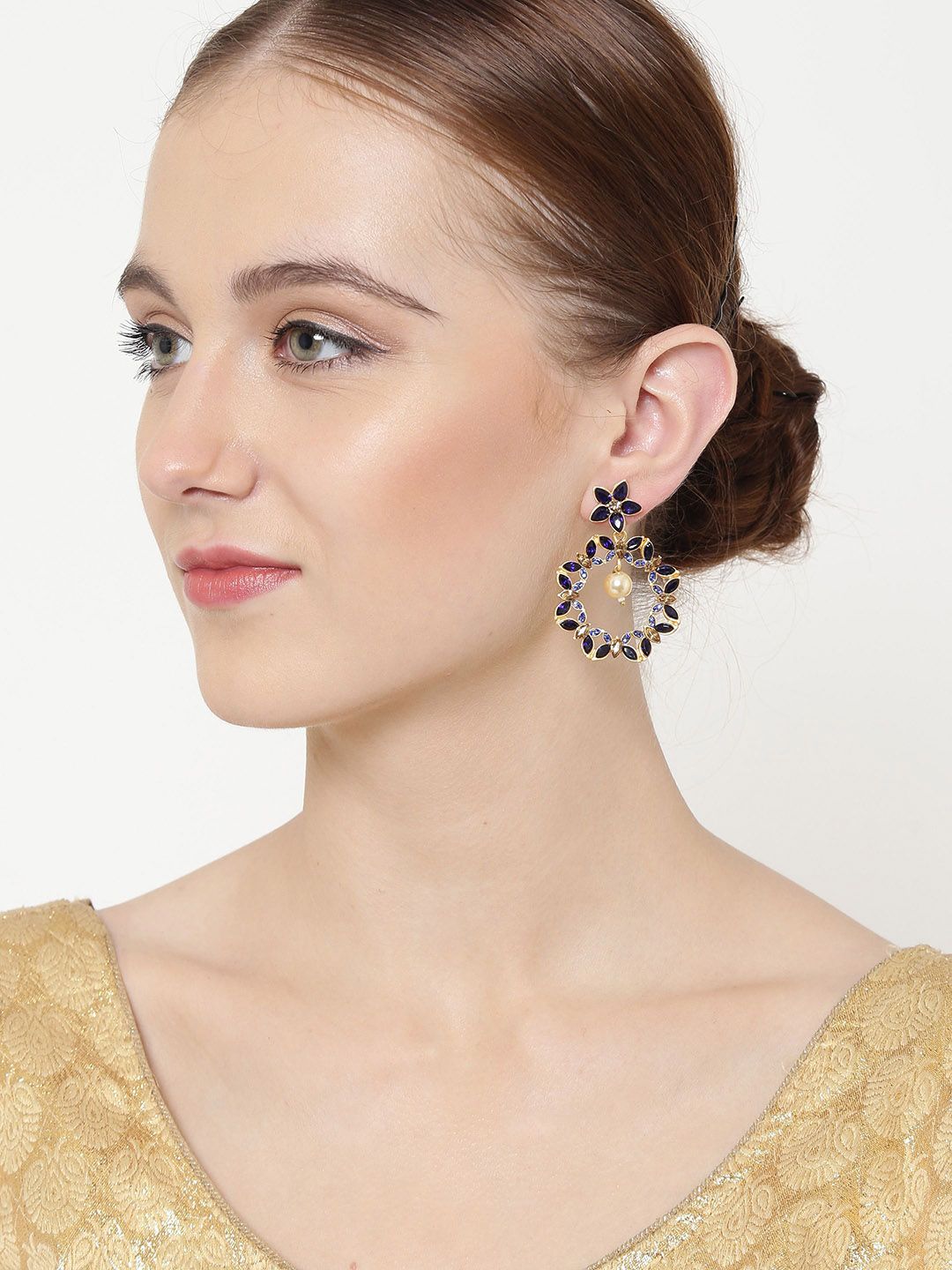 Anouk Gold Plated Cubic Zirconia Studded Circular Drop Earrings