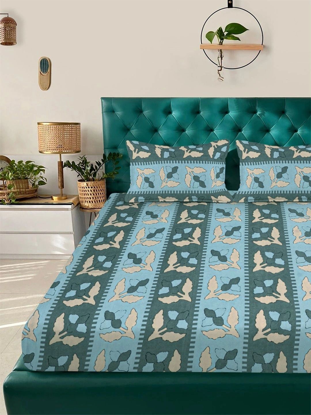 Myntra Elegant Homes Green & Blue Floral 300 TC King Bedsheet with 2 Pillow Covers