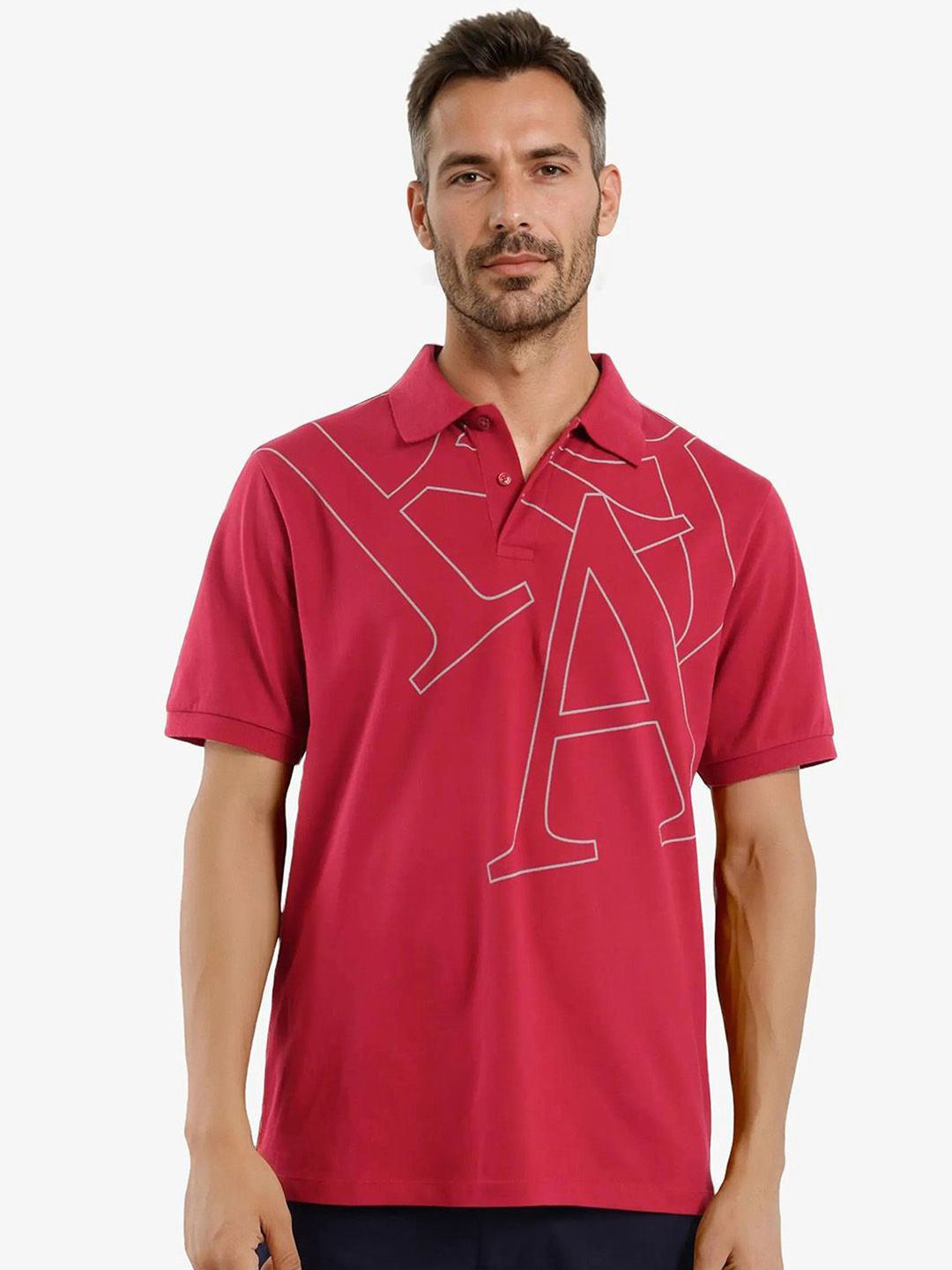 RARE RABBIT Men Typography Printed Polo Collar Cotton T-shirt