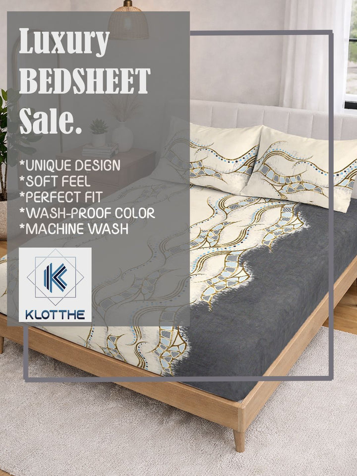 KLOTTHE Cream Abstract Fitted Double Bedsheet with 2 Pillow Covers