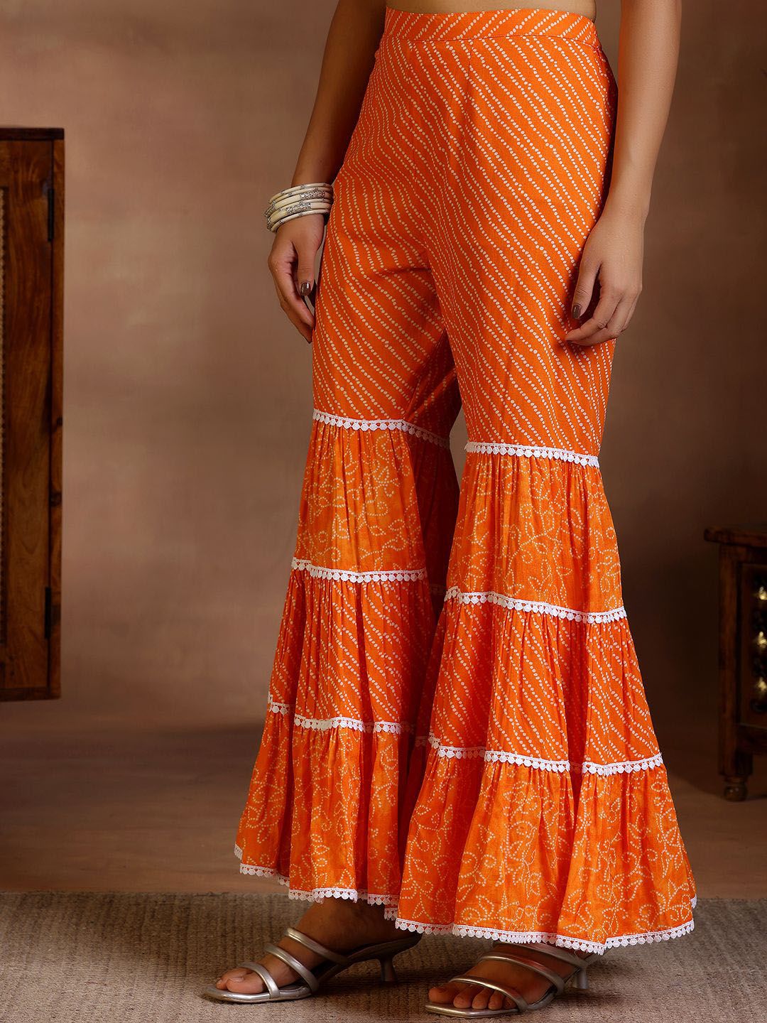 Libas Women Bandhani Printed Pleated Pure Cotton Kurti With Sharara & Dupatta