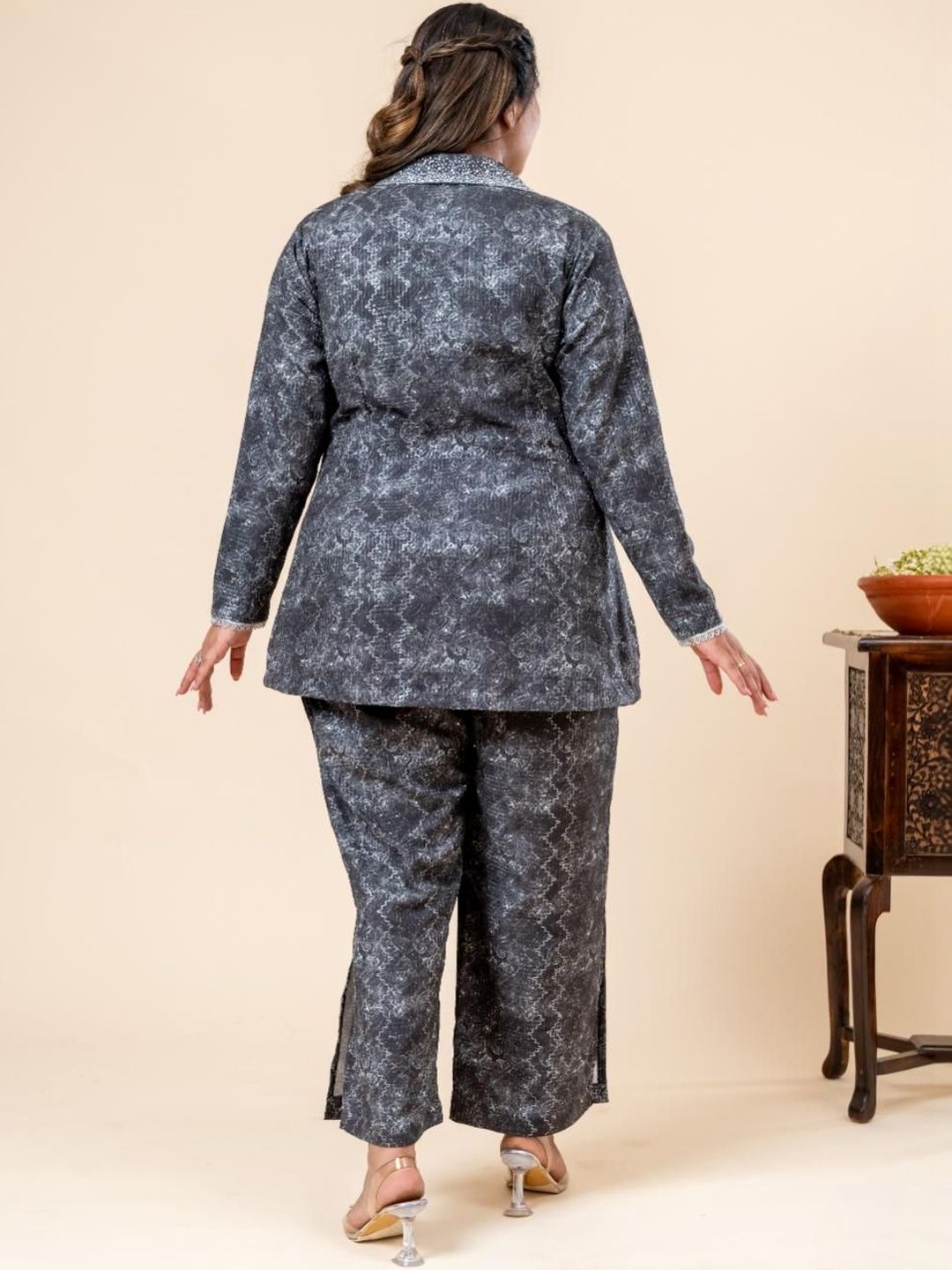 Mamicha Printed Lapel Collar Coat & Trousers Co-Ords Set