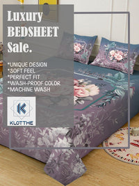 KLOTTHE Ungu & Merah Jambu Bercetak Cadar Katil Double 400 TC Dengan 2 Sarung Bantal-98.4 x 88.5 Inci