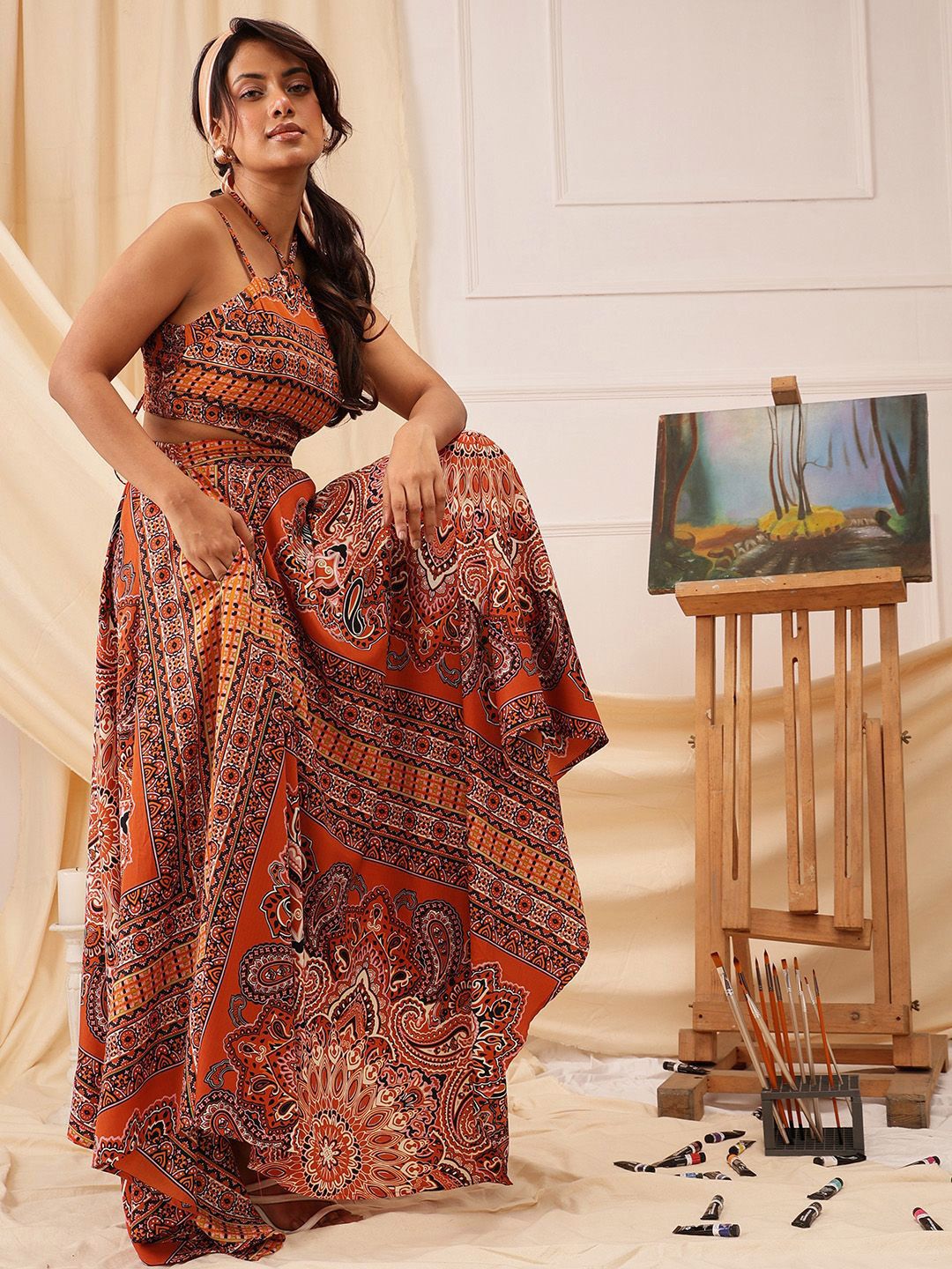 QUIERO Ethnic Motifs Printed Crepe Cut-Outs Fit & Flare Maxi Dress