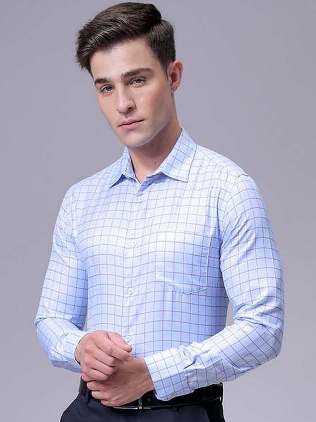 The Indian Garage Co. X Luxe Men Slim Fit Cutaway Collar Grid Tattersall Checked Formal Shirt