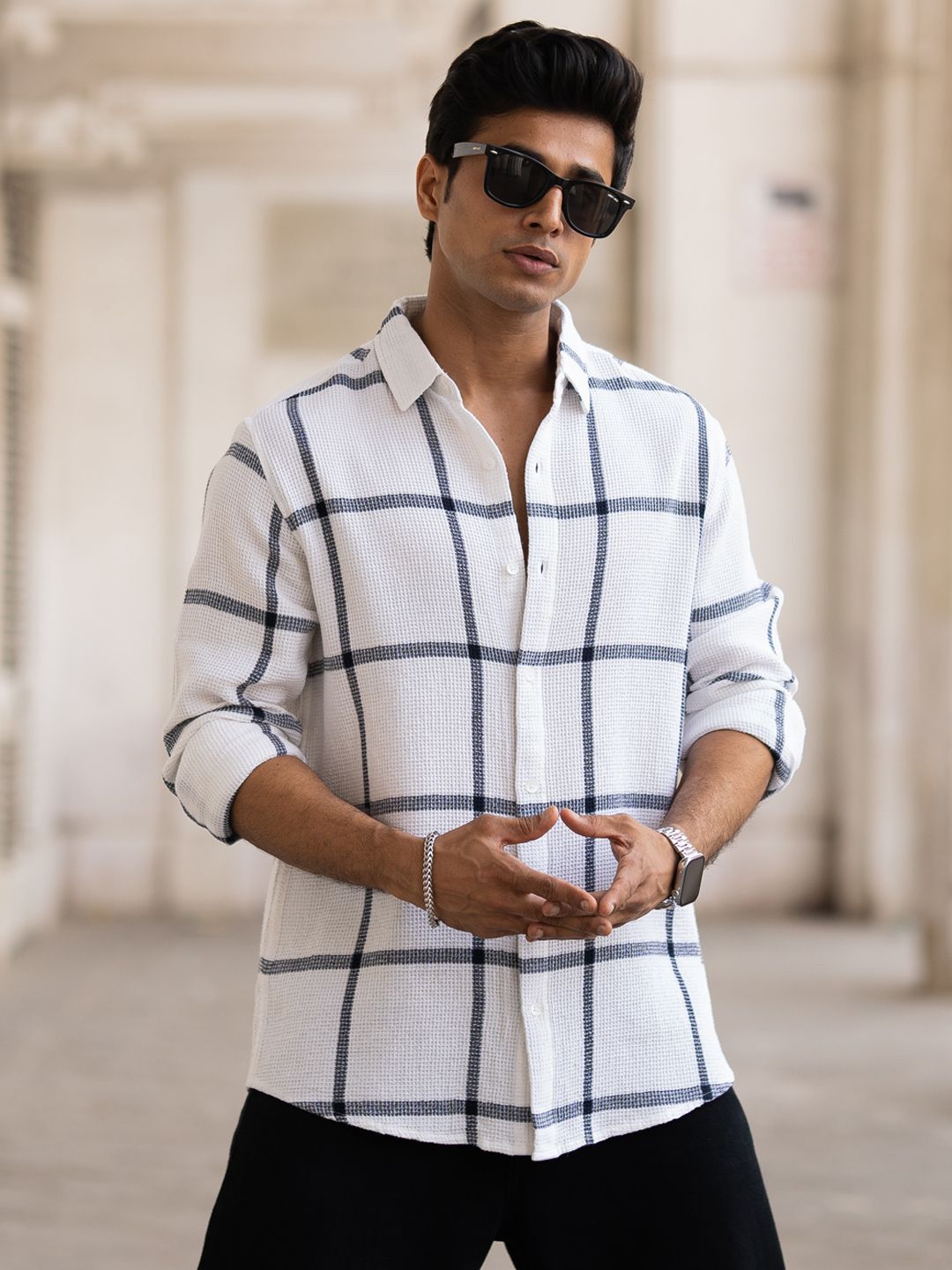 Powerlook Men Windowpane Checks Opaque Checked Casual Shirt
