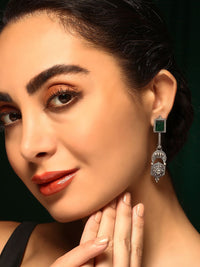Priyaasi Silver-Plated Emerald Stone Studded Contemporary Oxidized Drop Earrings