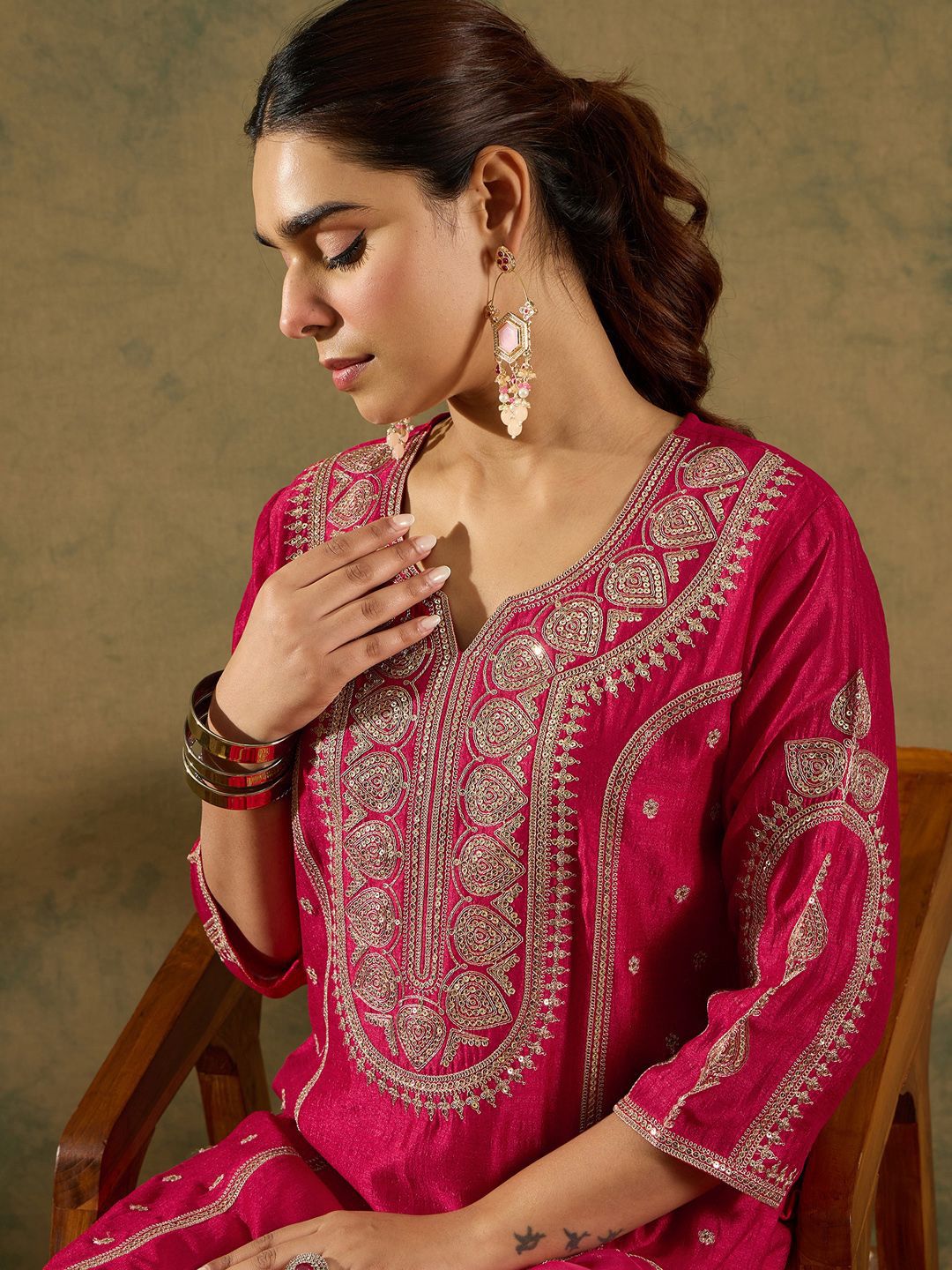 Indo Era Ethnic Motifs Embroidered Panelled A-Line Kurta with Trousers & Dupatta