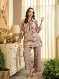 Sanskrutihomes Wanita Kolar Grey Shirt Cotton Pure Printed Co-Ords Set