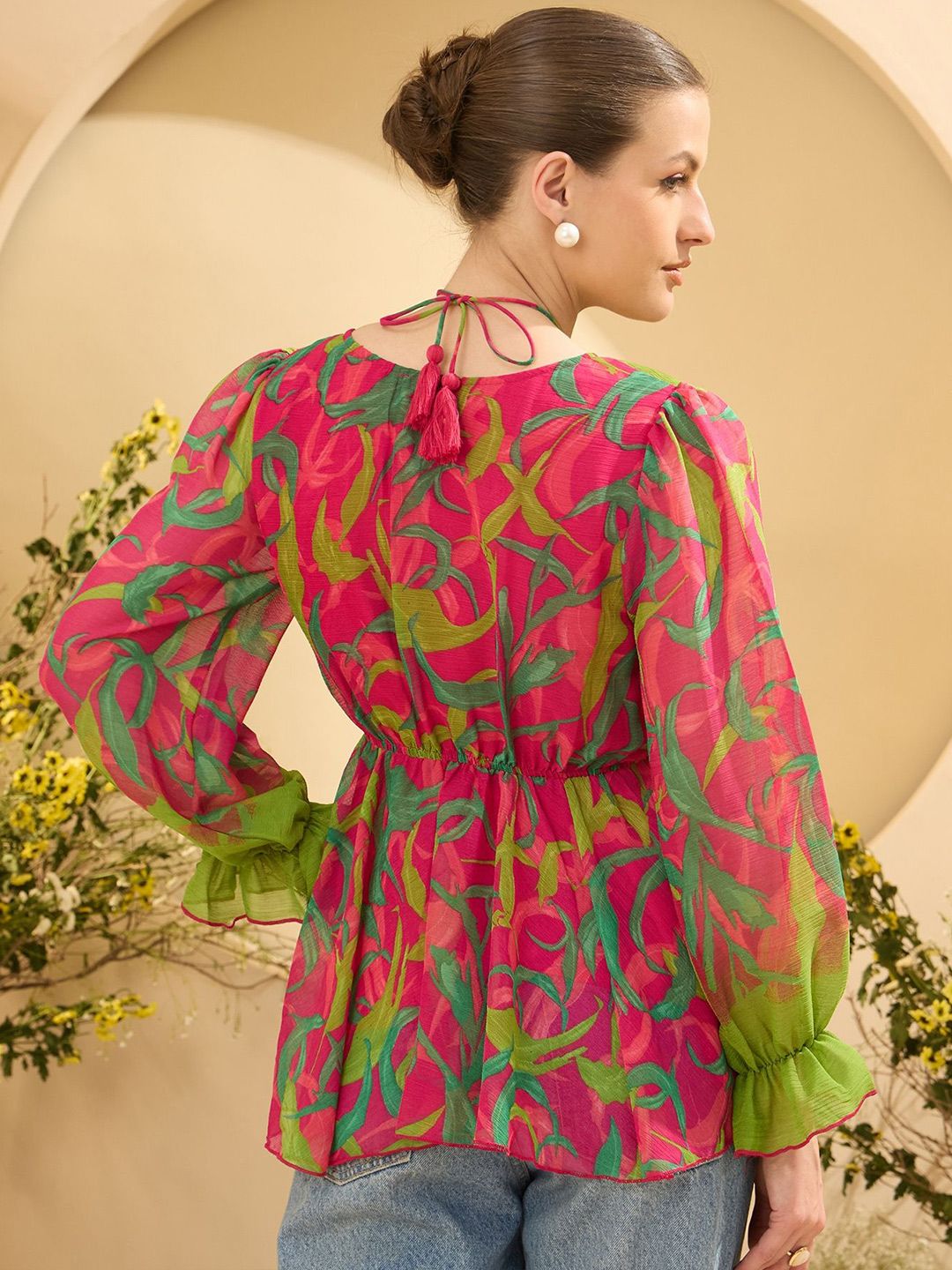 Antheaa Women Printed Puff Sleeves Empire Top