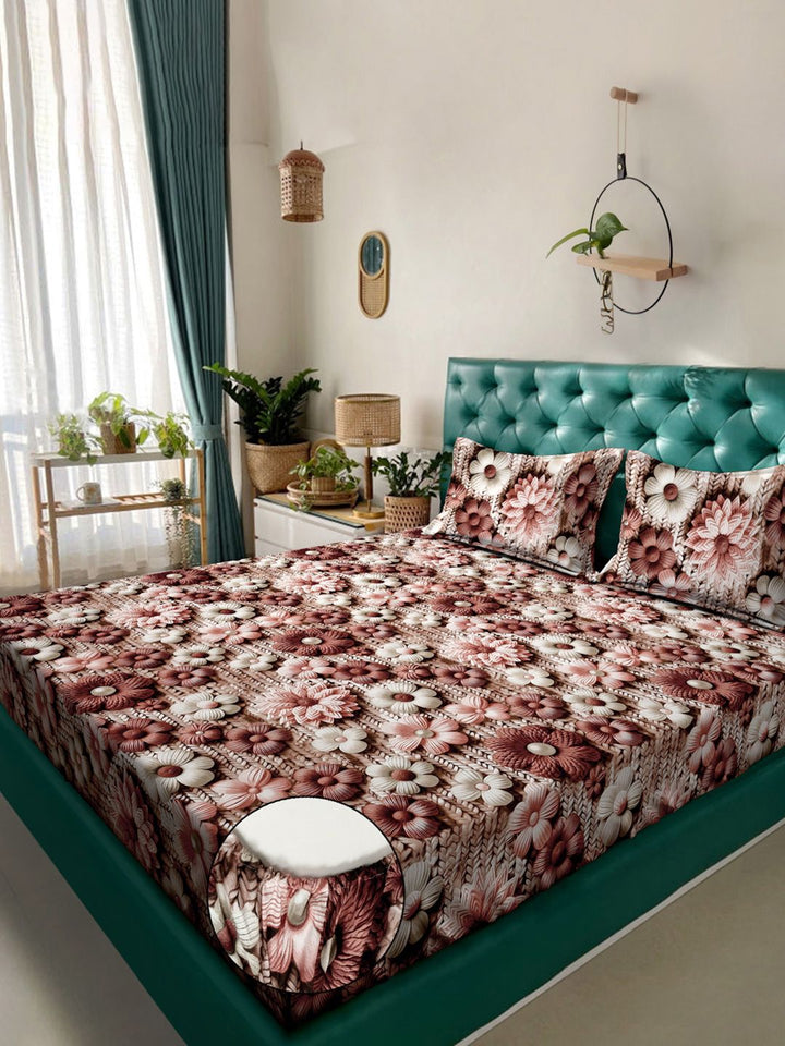 KLOTTHE Coklat Dilengkapi Bunga 300TC King Superfine Cadar 7D & 2 Sarung Bantal-2.50mx2.25m