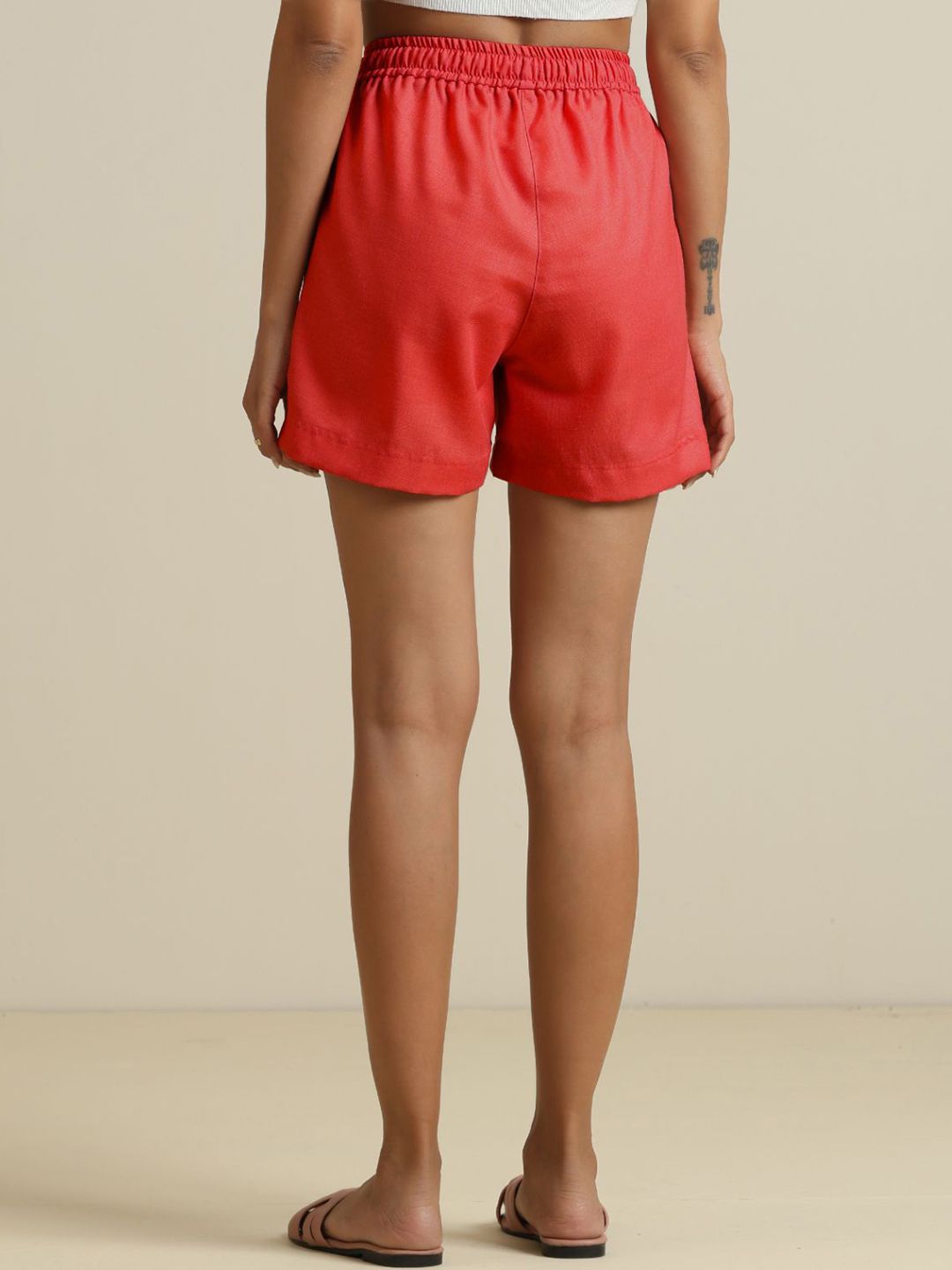 trueBrowns Women Red Cotton Blend Shorts With Drawstring