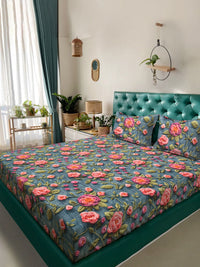 KLOTTHE Turquoise Blue Floral Printed Flat 300 TC King 7D Cadar Dengan 2 Sarung Bantal