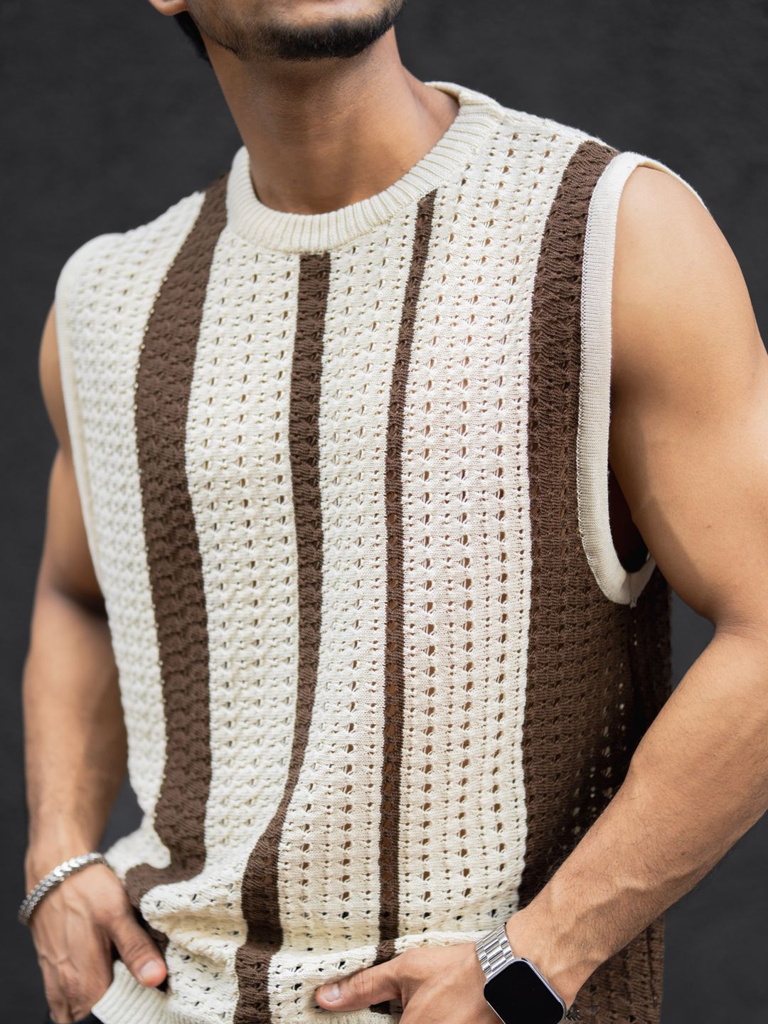 Powerlook Striped Round Neck Sleeveless T-Shirt