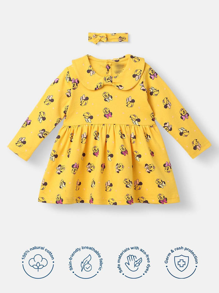 NautiNati Disney Infants Cotton Minnie Mouse Printed Dress with Matching Headband