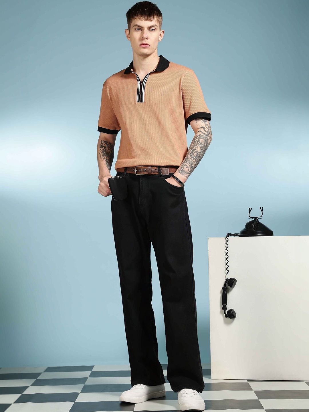 Eszett Korean Textured Fabric Self Design Cotton Polo Collar Short Sleeves T-shirt