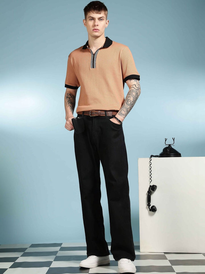 Eszett Korean Textured Fabric Self Design Cotton Polo Collar Short Sleeves T-shirt