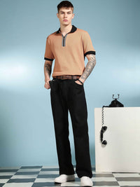 Eszett Korean Textured Fabric Self Design Cotton Polo Collar Short Sleeves T-shirt