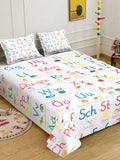 KLOTTHE White Cartoon Printed Flat 300 TC King Bedsheet Dengan 2 Sarung Bantal