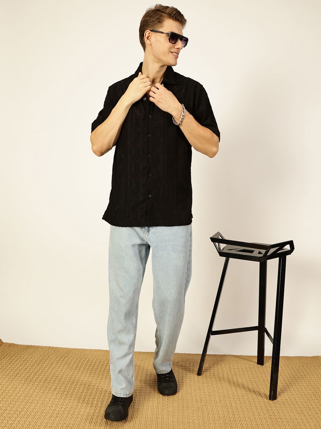 Thomas Scott Men Premium Spread Collar Textured Oversized Casual Shirt