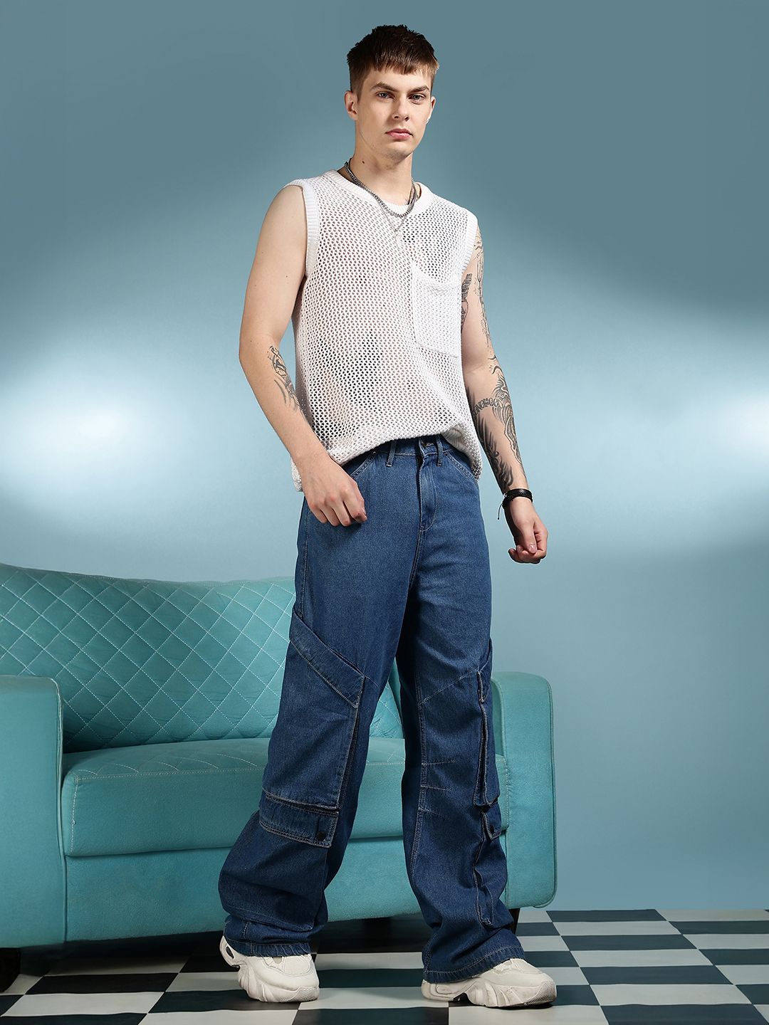 Seluar Jeans Denim Kargo Mudah Dicuci Eszett Lelaki Bersantai Fit Bertingkat Tinggi