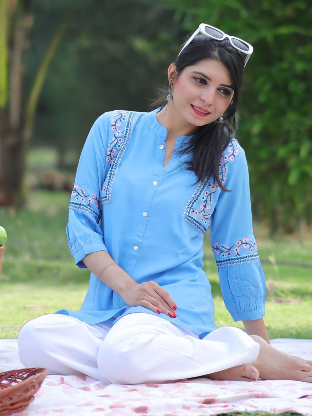 KALINI Women Light Blue Viscose Rayon Embroidered A-line Short Kurti