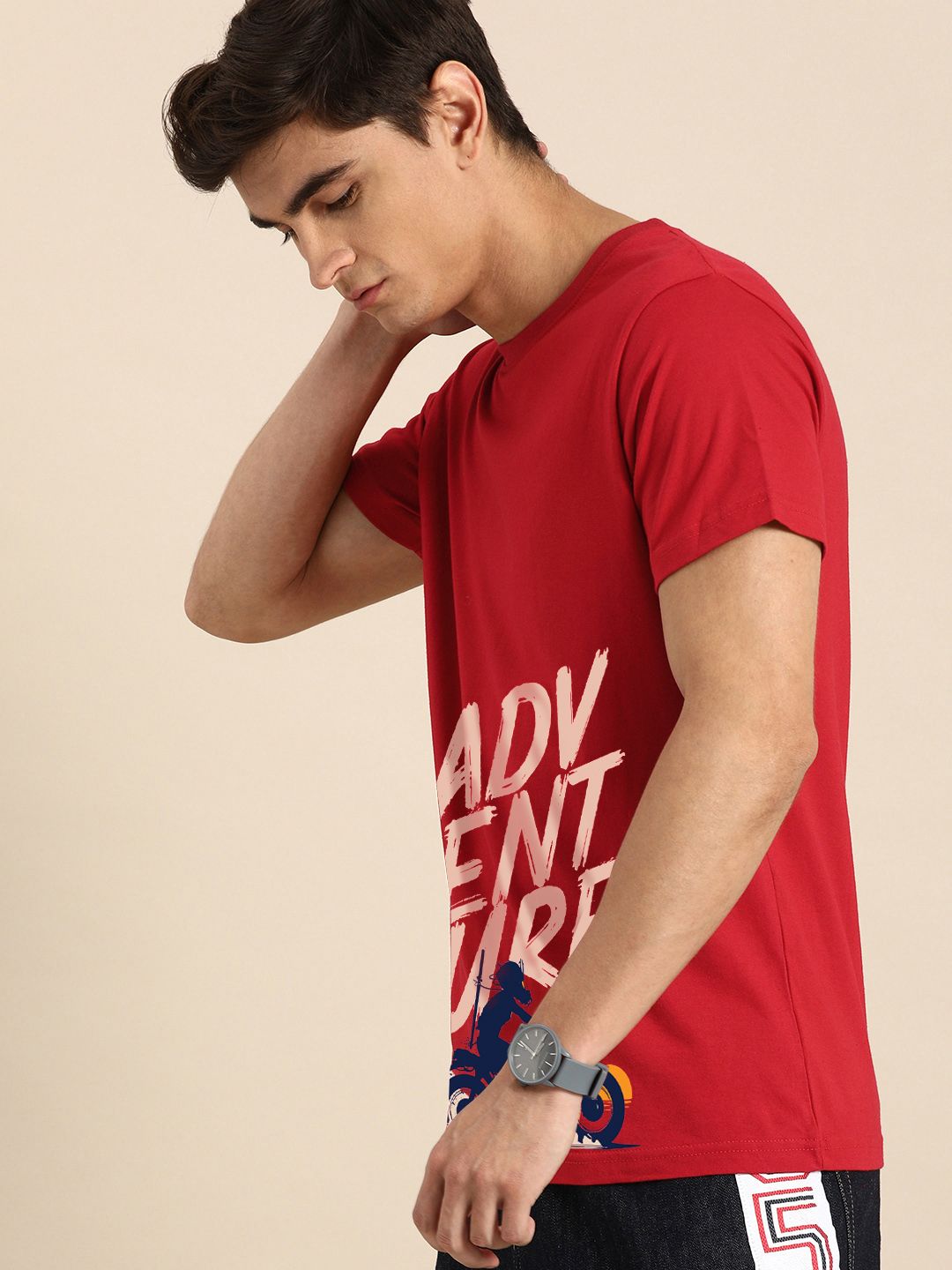 Bewakoof Men Red Typography Printed Pure Cotton T-shirt