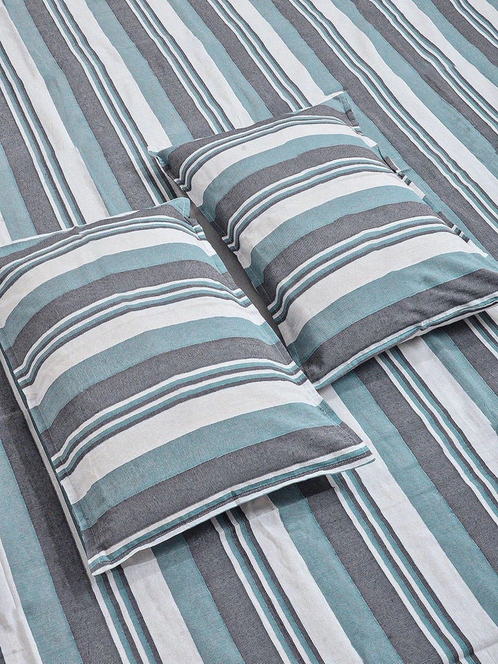 Myntra Elegant Homes Green Striped Pure Cotton Double Bedcover With 2 Pillow Cover