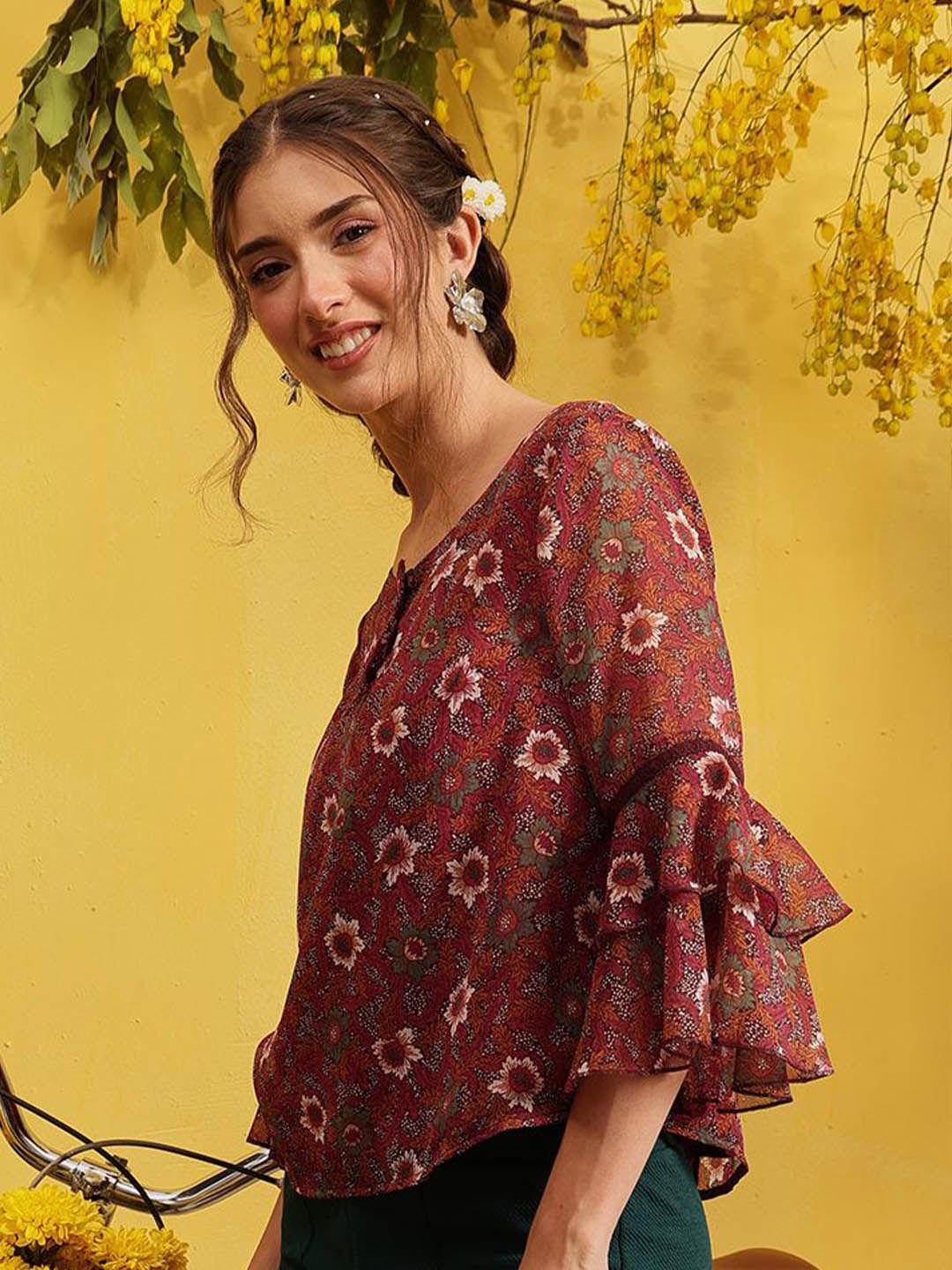 QUIERO Women Floral Printed Bell Sleeves A-Line Top