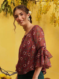 QUIERO Women Floral Printed Bell Sleeves A-Line Top