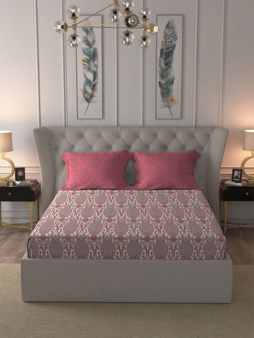 MYTRIDENT Ornate Red Dusk & Dawn Flat 144TC Queen Cotton Bedsheet Set