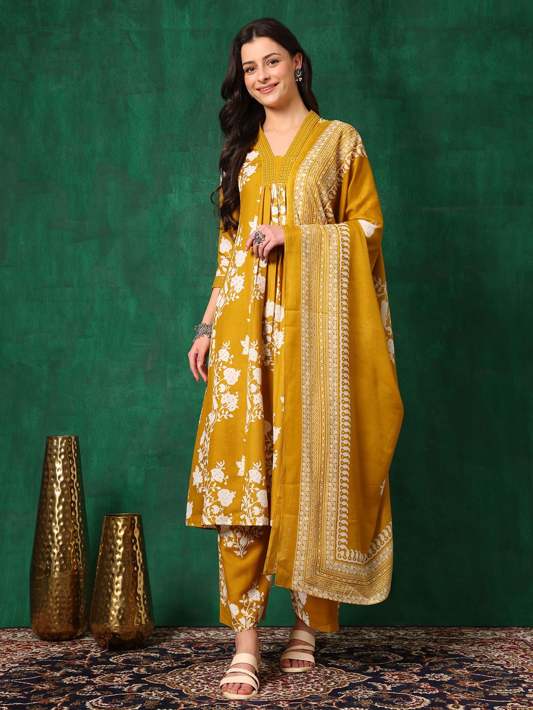 KALINI Floral Printed A-Line Kurta with Palazzos & With Dupatta