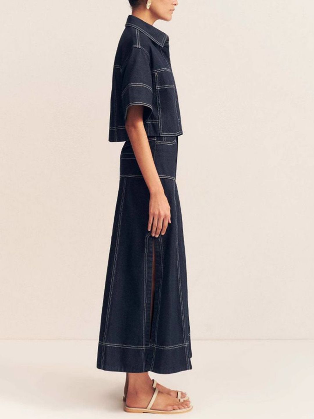 all about you Indigo Edge Denim Self Design Shirt Collar Crop Shirt & Skirt