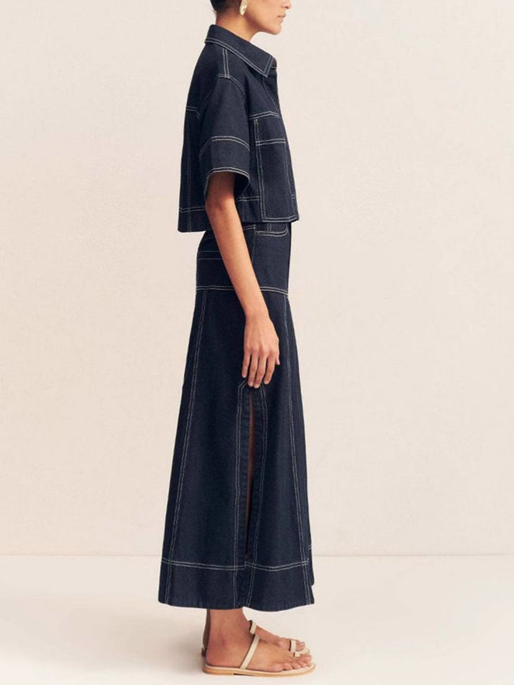 all about you Indigo Edge Denim Self Design Shirt Collar Crop Shirt & Skirt