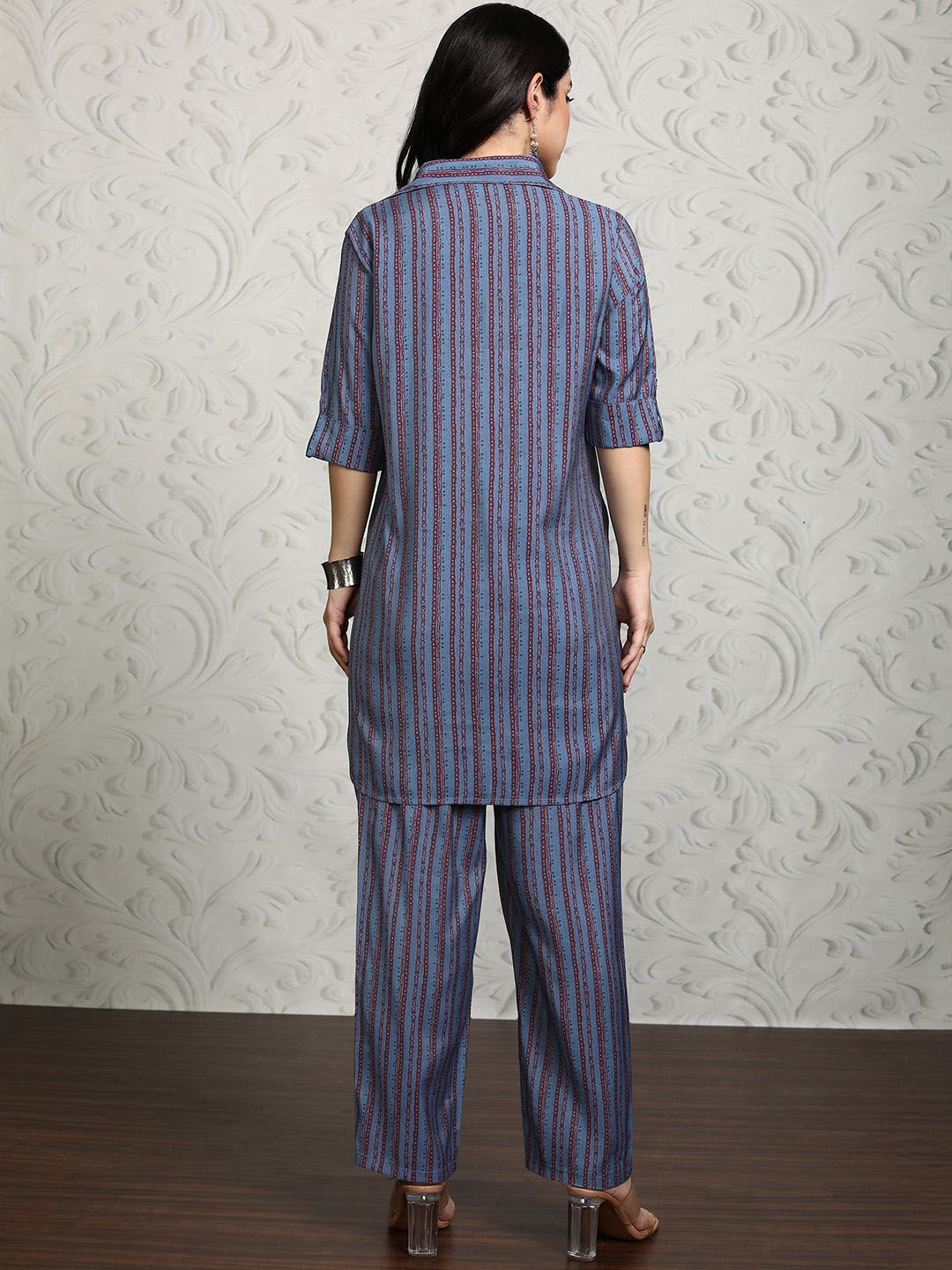 Vishudh Striped Shirt Collar Tunic With Trousers