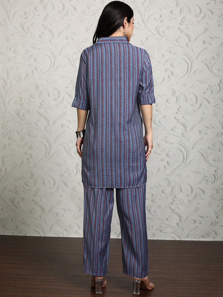 Vishudh Striped Shirt Collar Tunic With Trousers