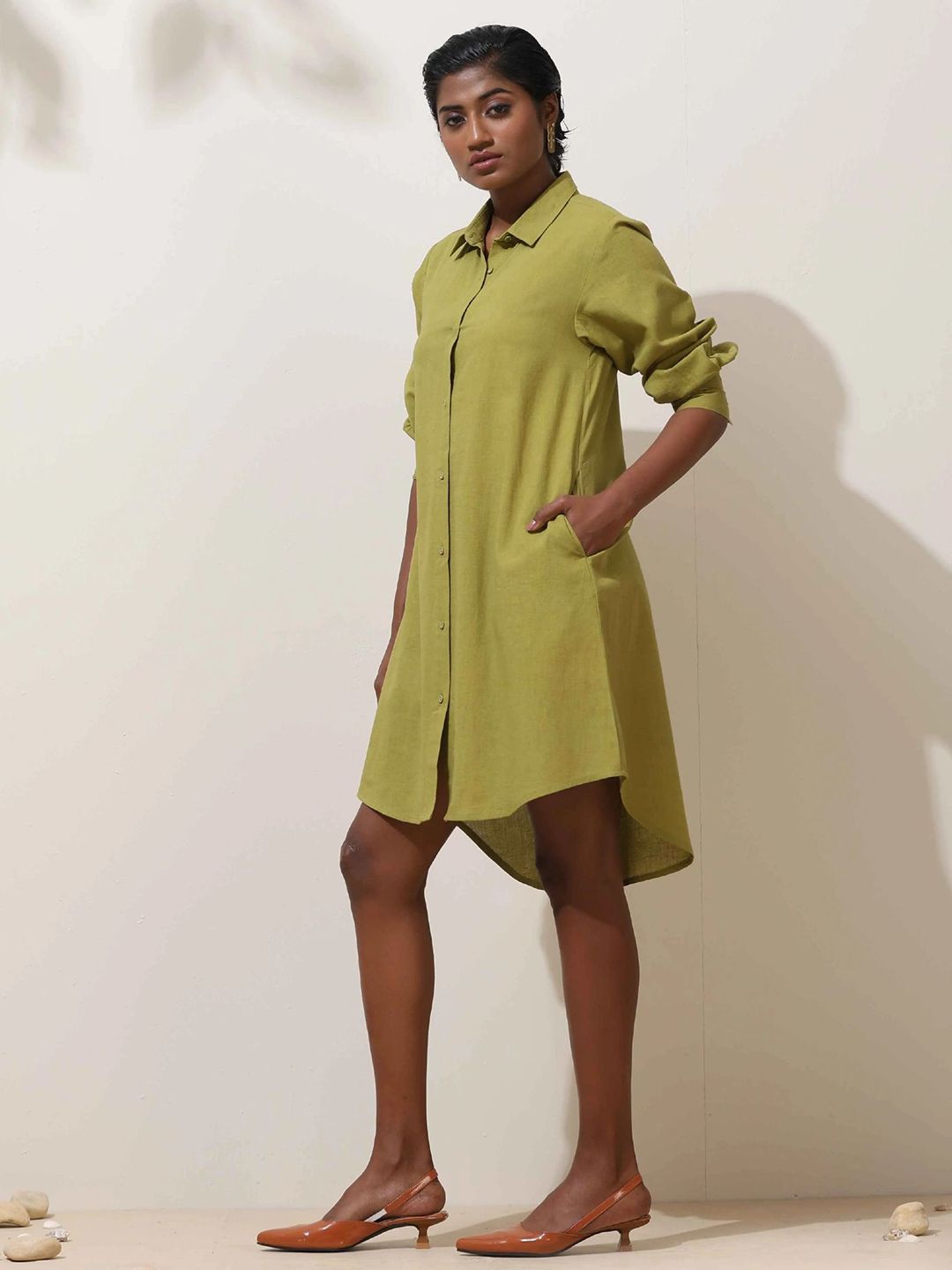 trueBrowns Women Pear Green Shirt Collar Cotton Shirt Dress