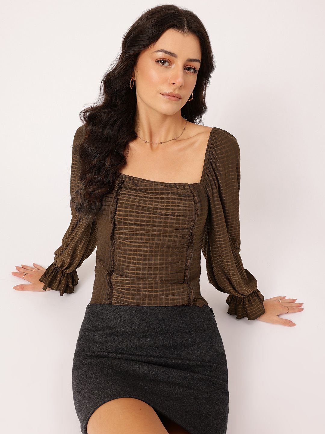 DressBerry Minimalist Muse Self Checked Smocked Ruched Top