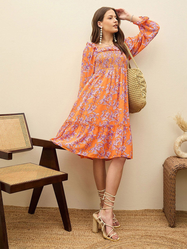SASSAFRAS Floral Print Balloon Sleeve Georgette Fit & Flare Short Dress