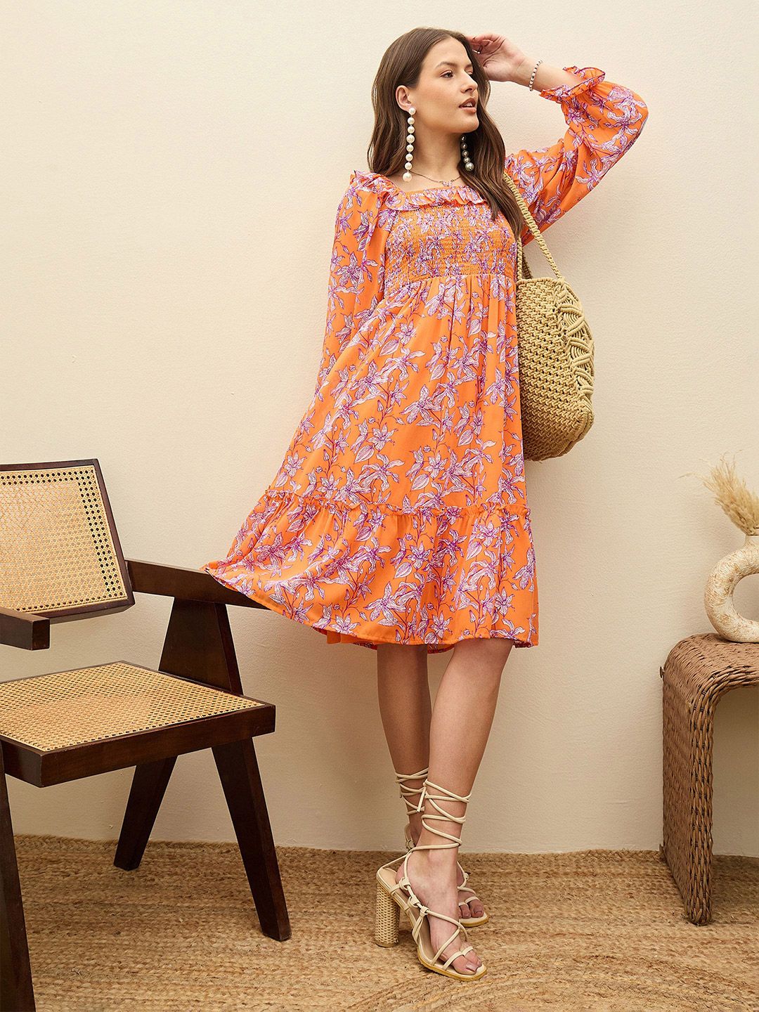 SASSAFRAS Floral Print Balloon Sleeve Georgette Fit & Flare Short Dress