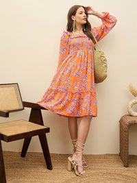 SASSAFRAS Floral Print Balloon Sleeve Georgette Fit & Flare Short Dress